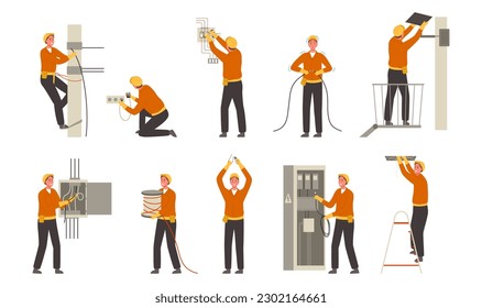 Cartoon electricians. Professional electricity worker, power engineer and energy transformer repair. Risky work high voltage vector illustration of worker electrician, electricity professional man