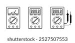 Cartoon electronic device tools. Analog or Digital multimeter. Electric multi meter equipment with cable. Voltmeter multi, measuring Instruments. Volt meters. Analog multimeter measuring electricity.