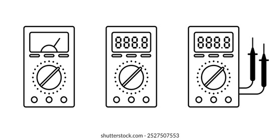 Tools für elektronische Cartoon-Geräte. Analog- oder Digitalmultimeter. Elektrische Multi-Meter-Ausrüstung mit Kabel. Voltmeter multi, Messgeräte. Voltmeter. Analoges Multimeter zur Strommessung.