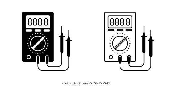 Desenhos animados com ferramentas de dispositivos eletrônicos. Multímetro analógico ou digital. Equipamento elétrico multímetro com cabo. Voltímetro multi, instrumentos de medição. Voltímetros. Multímetro analógico que mede a eletricidade.