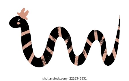 Cartoon of Elegant Snake Wearing Pink Hat. Funny Hand Drawn Vector Illustration with Cute Striped Black-Pink Snake on a White Background. Nursery Art ideal for Poster, Card, Wall Art.