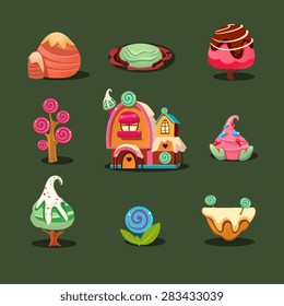 Cartoon element of the game . Gingerbread house and sweet trees. Sweet Landscape