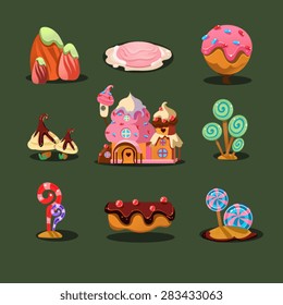 Cartoon element of the game . Gingerbread house and sweet trees. Sweet Landscape