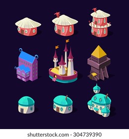Cartoon element of the game. Magic castle, mushroom house, fairy houses