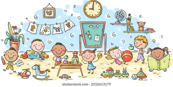 Cartoon elementary age children playing together with toys in kindergarten. Preschool kids activities and cooperation