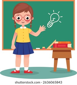 A cartoon elementary school girl with glasses stands by the chalkboard, explaining an idea during a classroom presentation