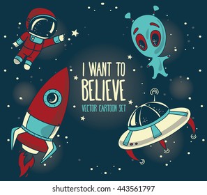 Cartoon elements for cosmic design: astronauts floating in space, cute alien and rocket, vector illustration