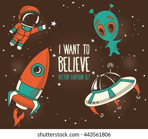 Cartoon elements for cosmic design: astronauts floating in space, cute alien and rocket, vector illustration