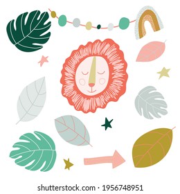Cartoon elements with  Cute Lions and tropical savannah leaves for nursery decor. Vector illustration design. 