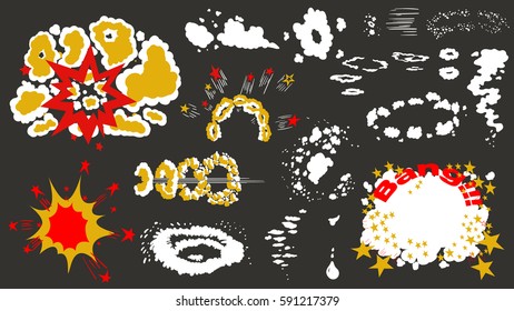 Cartoon elements Explosions, Swoosh, Smoke, Fog And Clouds Set 
