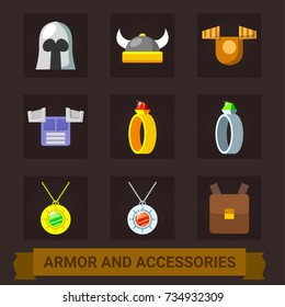 Cartoon elements for the game. Medieval subjects. Game fantasy objects. Armor and accessories. Helmet, bib, ring, bag, medallion. Icons for role-playing game.