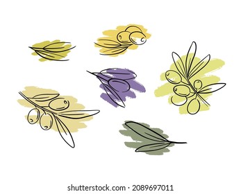 Cartoon elements of olive oil with tree branches, wreath, jugs, jars, jars, drops, isolated vector illustration on a watercolor background