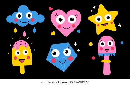 Cartoon elements set. Cloud, star, ice cream and diamond in retro style. Sticker back to 1980s and 1990s. Positive and oprimism. Cartoon flat vector illustrations isolated on black background