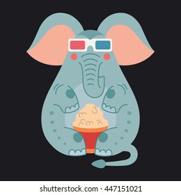 Cartoon elephant in 3d glasses with bucket of popcorn on dark background. Cinema time concept. Cinema time concept. Vector illustration.