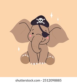 Cartoon elefante animal pirata e corsário. Marinheiro adorável, capitão, capitão e capitão de barco bonitinho. vetor isolado kawaii safari zoo personage face com um sorriso doce, bandana divertida e chapéu