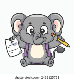 Cartoon elephant animal school writing with pencil and paper