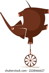 Cartoon elephant balances on the unicycle illustration. Funny elephant balances on the unicycle one hand head over. Isolated on white background