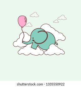 Cartoon elephant with balloon in the sky clip art,flat design