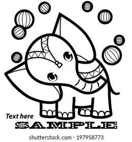 Cartoon elephant with balls perform at circus. Elephant with a striped balls.  Vector background for book, fabric, card, poster and wallpaper. Beautiful children illustration. Black and white colors