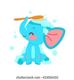 Cartoon elephant bathing with lather. Illustration in vector. Baby bath.