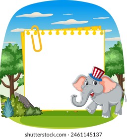 Cartoon elephant beside a blank notepad in nature