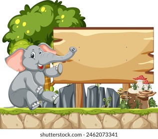 Cartoon elephant beside a blank wooden sign