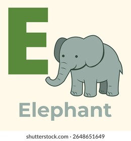 Cartoon elephant beside a bold letter E. Perfect for alphabet flashcards, phonics learning, nursery decor, and educational vector sets. Clean and kid-friendly style.