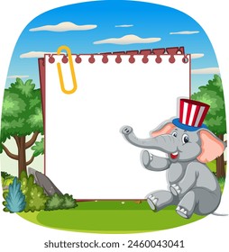 Cartoon elephant with a blank notepad outdoors