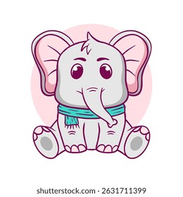 Cartoon elephant with a blue scarf around its neck. The elephant is sitting on a pink background