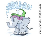 Cartoon Elephant with a Cap and Glasses, Print Design