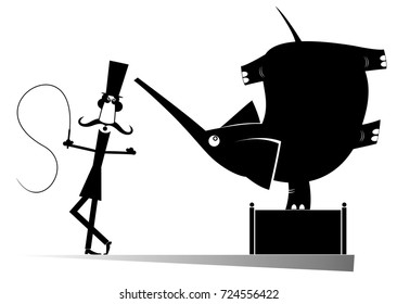 Cartoon elephant circus actor, juggler, acrobat, silhouette isolated. Cartoon elephant juggling with many balls
