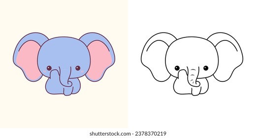 Cartoon Elephant Clipart for Coloring Page and Illustration. Clip Art Isolated Animal. Cute Vector Illustration of a Kawaii Baby Animal for Prints for Clothes, Stickers, Baby Shower. 