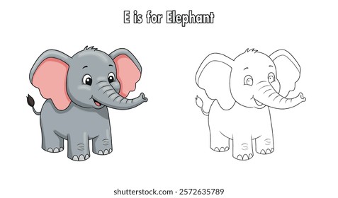 A Cartoon Elephant and a Coloring Page for Children to Color.