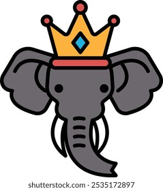 A cartoon elephant with a crown on its head. The elephant is wearing a crown and has a big smile on its face