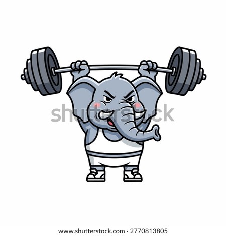 A cartoon elephant with a determined expression lifts a barbell overhead, showcasing strength and fitness.