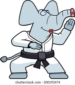 A cartoon elephant doing karate in a gi.