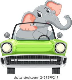 Cartoon elephant driving a vibrant green car