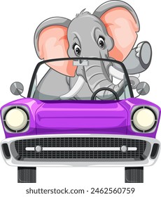 Cartoon elephant driving a vibrant purple car