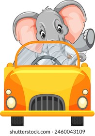 Cartoon elephant driving a vibrant yellow car