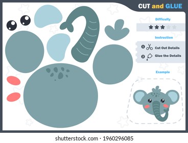 Cartoon Elephant. Education paper game for preshool children. Cut parts of the image and glue on the paper. Vector illustration. Cut and Glue Game.