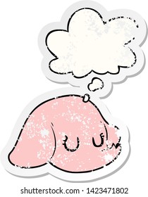rostro de elefante de dibujos animados con burbuja de pensamiento como pegatina gastada angustiada
