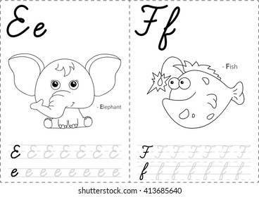 Cartoon elephant and fish. Alphabet tracing worksheet: writing A-Z, coloring book and educational game for kids