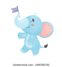 Cartoon elephant with flag. Vector illustration on a white background.