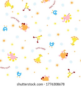 Cartoon elephant, giraffe and bird pattern, vector illustration, sun, star, curved dotted lines and others as background