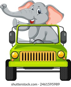 Cartoon elephant happily driving a bright jeep