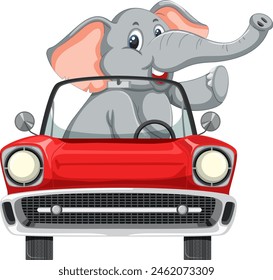 Cartoon elephant happily driving a classic car