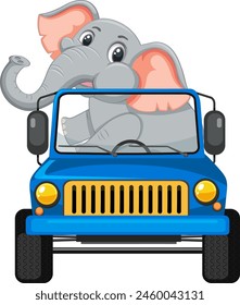 Cartoon elephant happily driving a small blue jeep