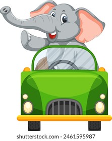 Cartoon elephant happily driving a vibrant green car