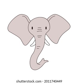 Cartoon elephant head isolated. Colored vector illustration of an elephant head with a stroke on a white background. Illustration of a proboscis mammal.