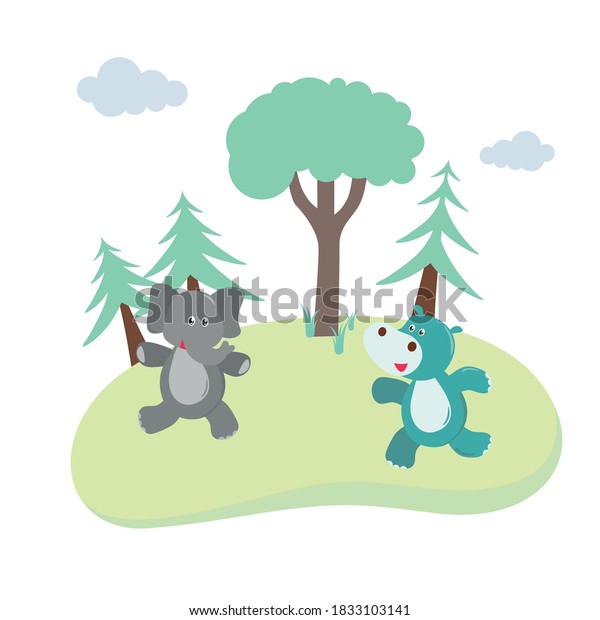 Cartoon\
elephant and hippo vector cute animal, illustration childly\
animalistic. isolated on white\
background.